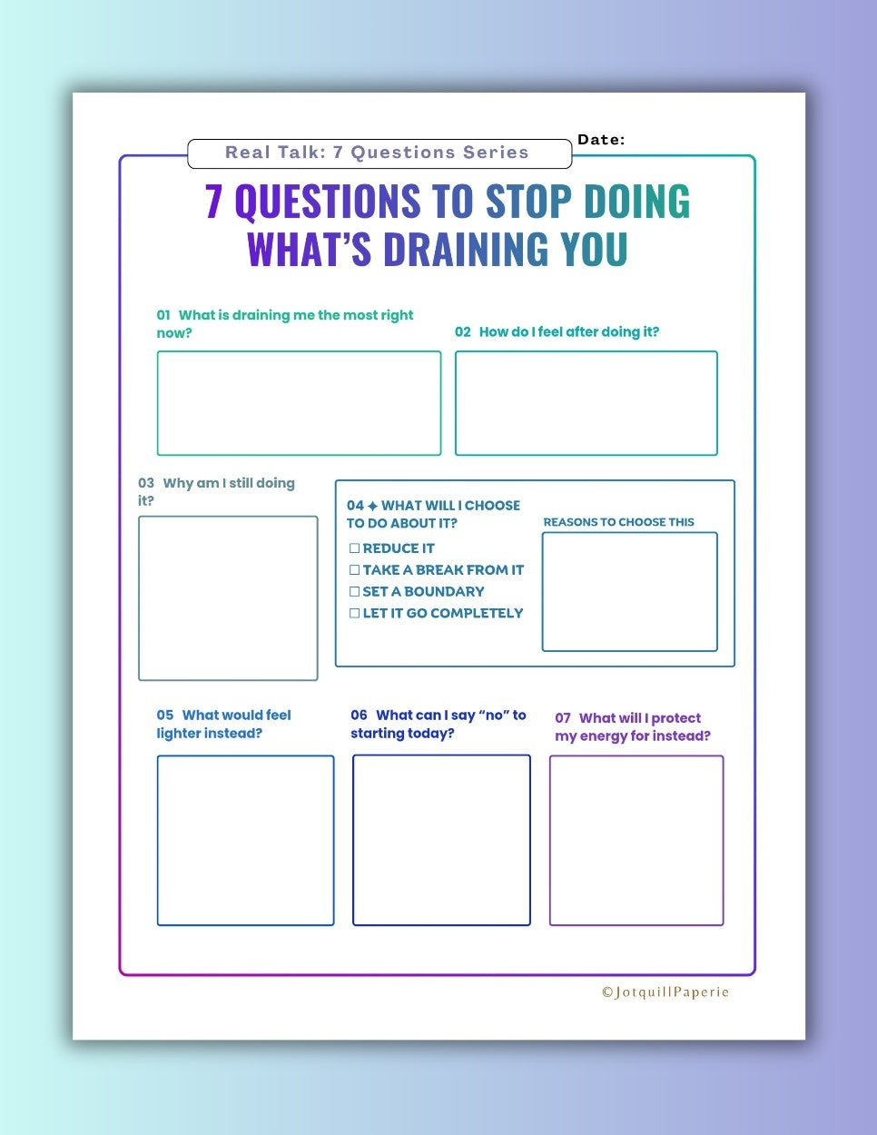 Seven Questions to Stop What’s Draining You: Energy Reset Worksheet Printable  | Burnout & Boundary Setting journal