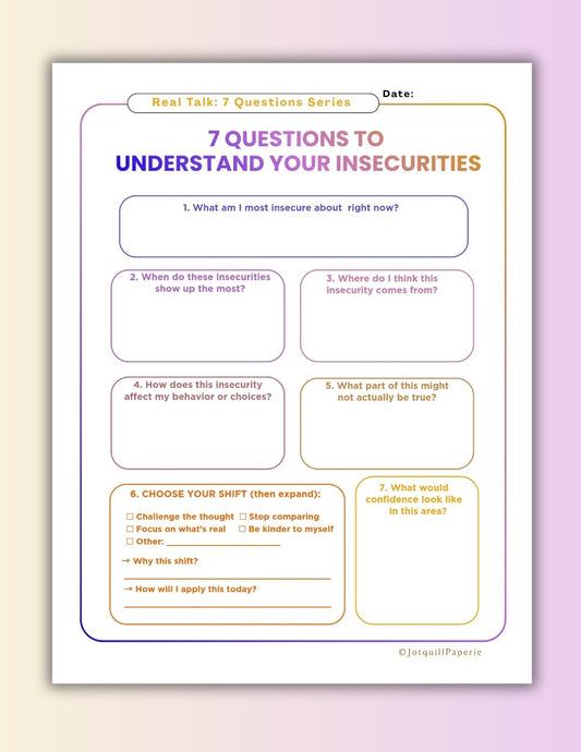 Seven Questions To Understand Your Insecurities Printable | Self Reflection Worksheet | Mental Health Journal PDF