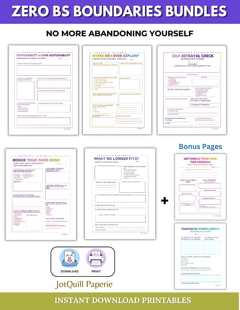 Zero BS Boundaries Bundle | Stop People Pleasing & Build Self-Respect | Emotional Boundaries Printable Worksheets