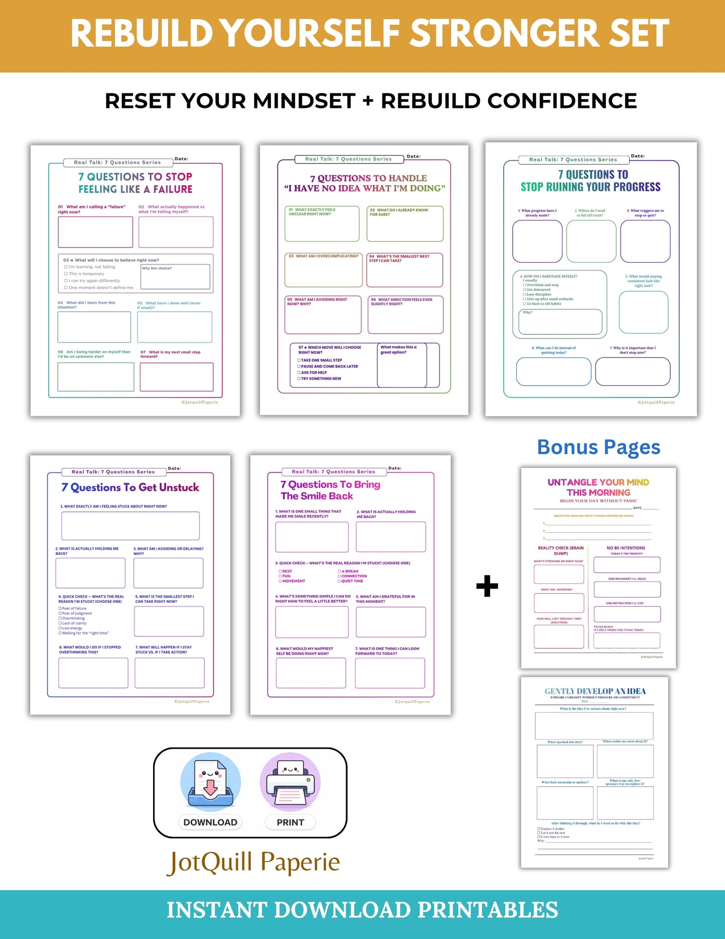 REBUILD YOURSELF STRONGER SET | Self Reflection Printable | Deep Inner Work Journals Bundle | Instant Download