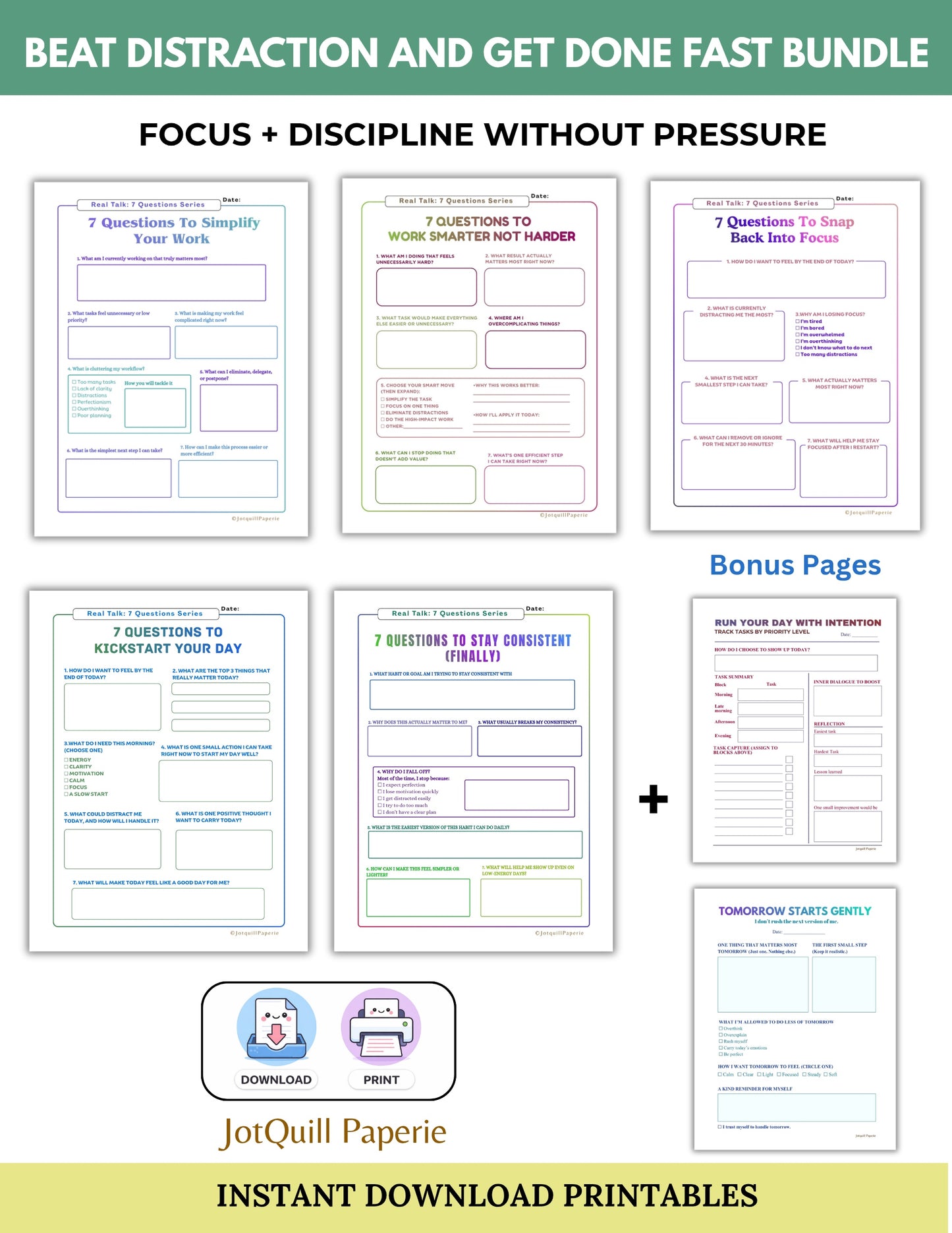 BEAT DISTRACTION & GET THINGS DONE BUNDLE | Focus & Productivity Printable | Stop Procrastination Planners kit