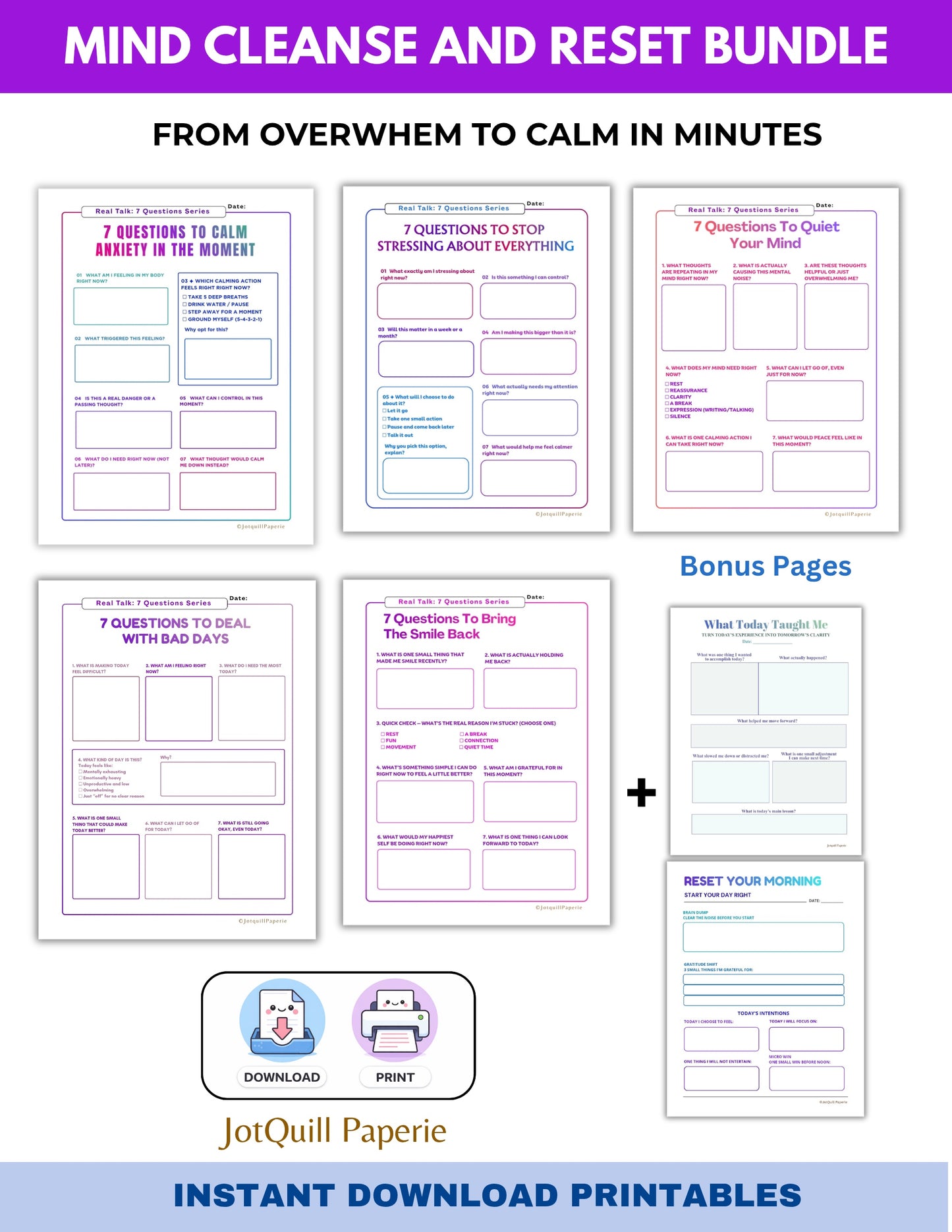 MIND CLEANSE & RESET BUNDLE | Anxiety Relief Printable | Overthinking Reset Worksheets | Mental Clarity Journal PDF