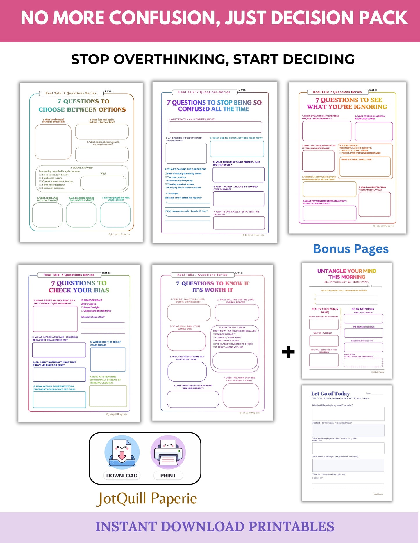 NO MORE CONFUSION, JUST DECISION PACK | Decision Making Printable | Overthinking Help Worksheets | Life Clarity Journal PDF
