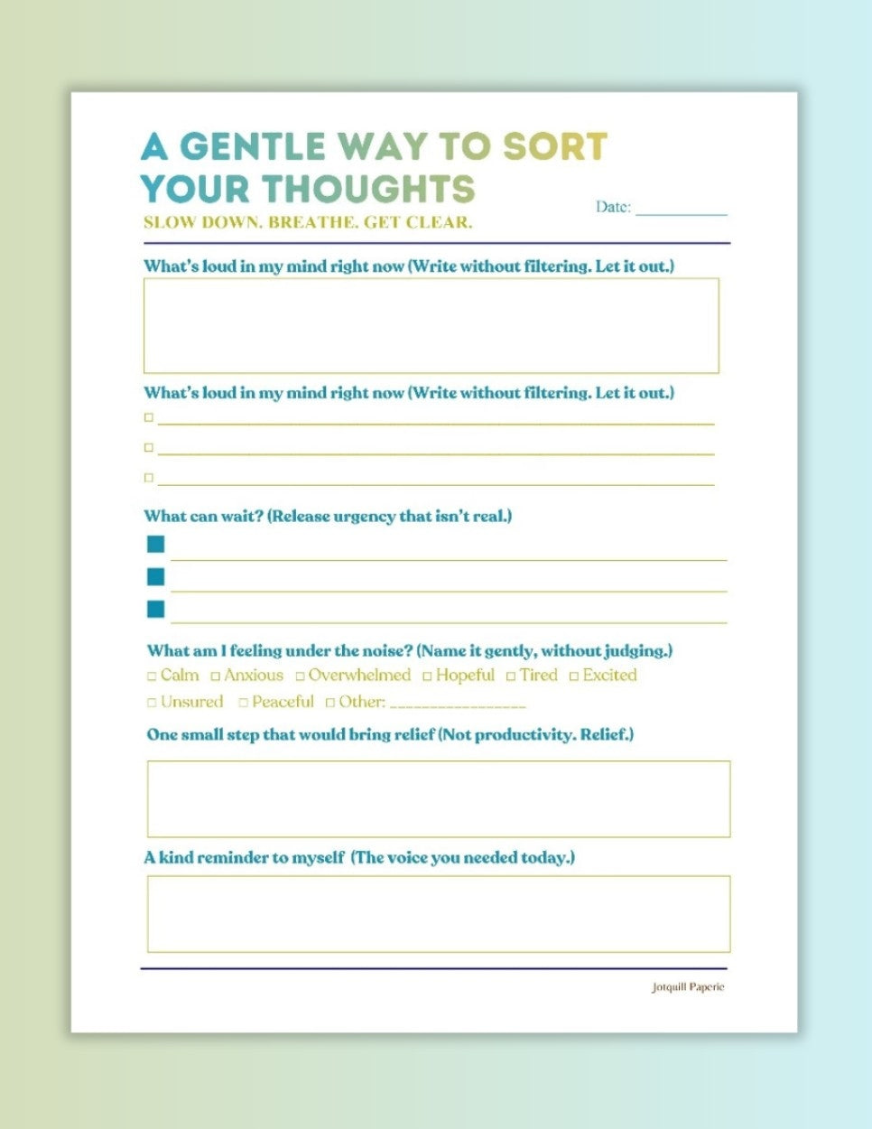Gentle Thoughts Organizer Printable | Mental Clarity Worksheet | Anxiety Relief Journal