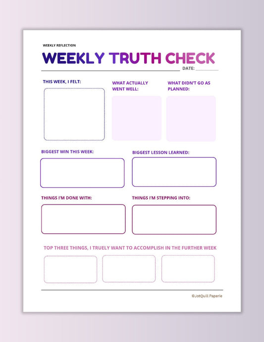 WEEKLY TRUTH CHECK- Reflection Printable PDF | Weekly Reset Planner | Self Growth Worksheet
