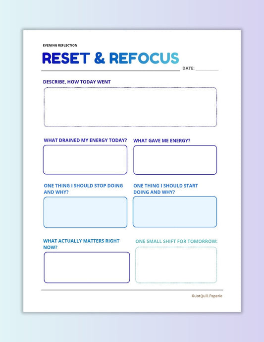 Reset & Refocus Evening Reflection Printable | Daily Self Reflection Worksheet | Productivity & Mindset Planner PDF