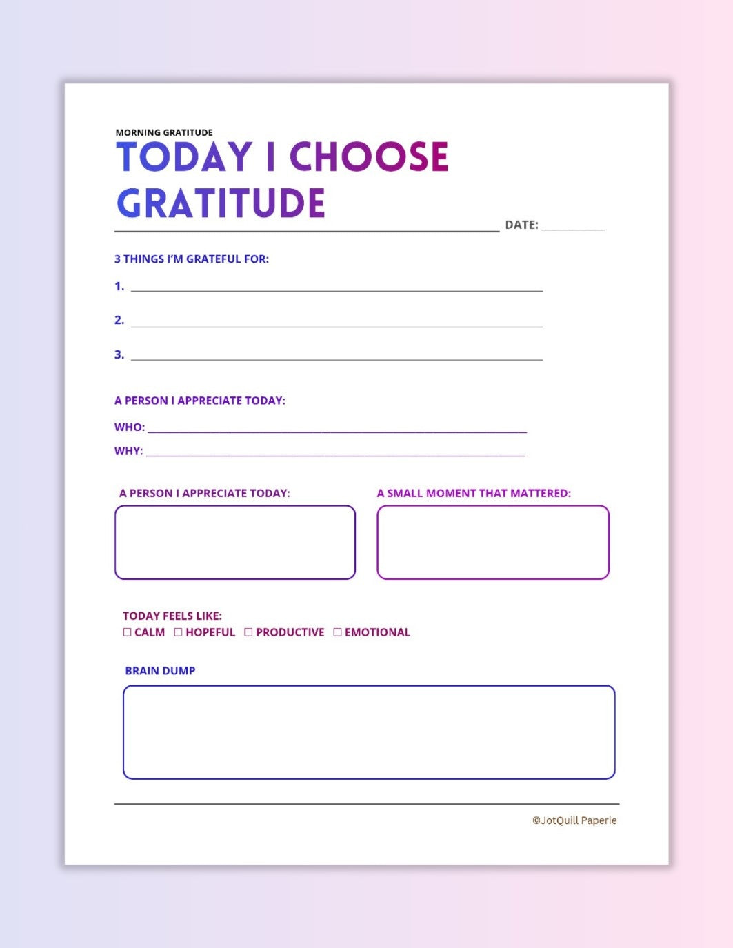 TODAY I CHOOSE GRATITUDE Printable | Self Love & Mindfulness Worksheet