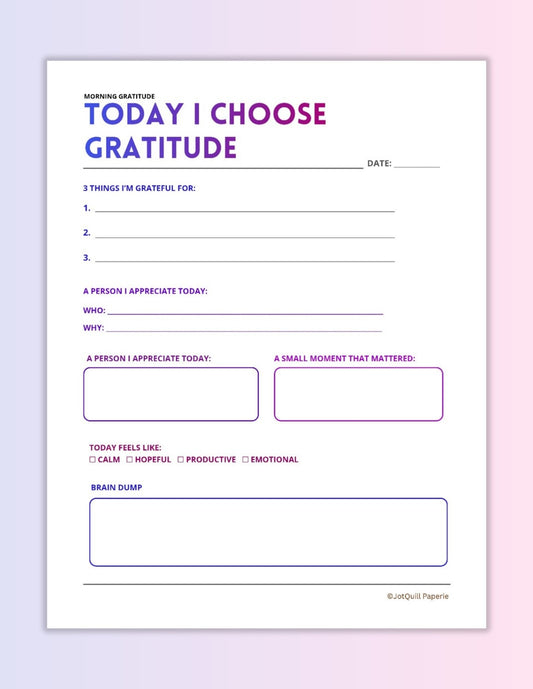 TODAY I CHOOSE GRATITUDE Printable | Self Love & Mindfulness Worksheet