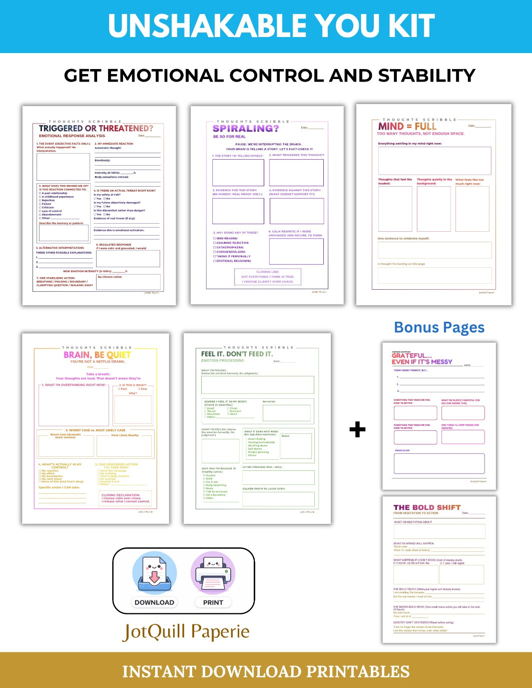 UNSHAKABLE YOU KIT | Emotional Control & Mental Strength Workbooks bundle | Anxiety & Overthinking Printable