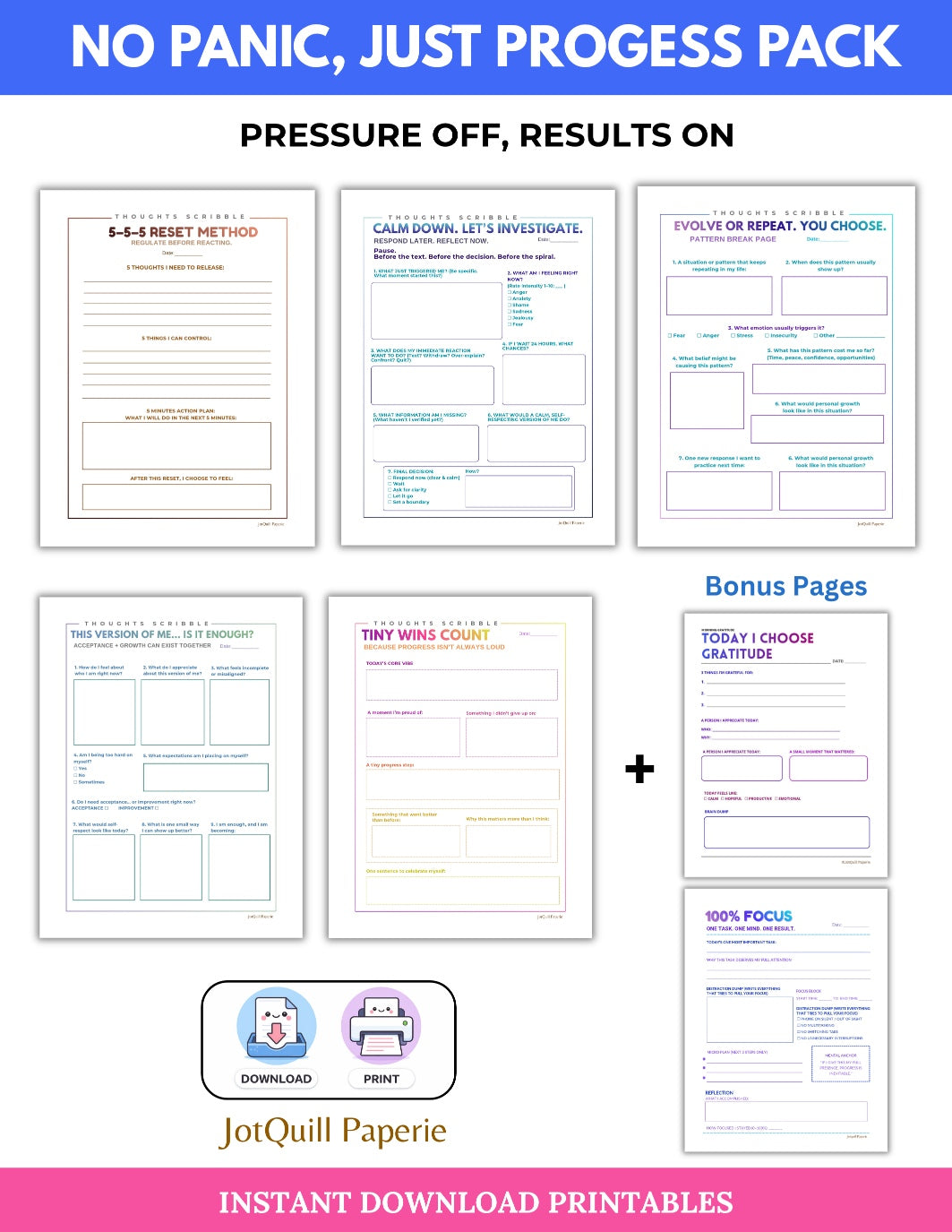 NO PANIC, JUST PROGRESS PACK | Productivity & Progress Journal | Stop Overthinking & Build Consistency Printable bundle