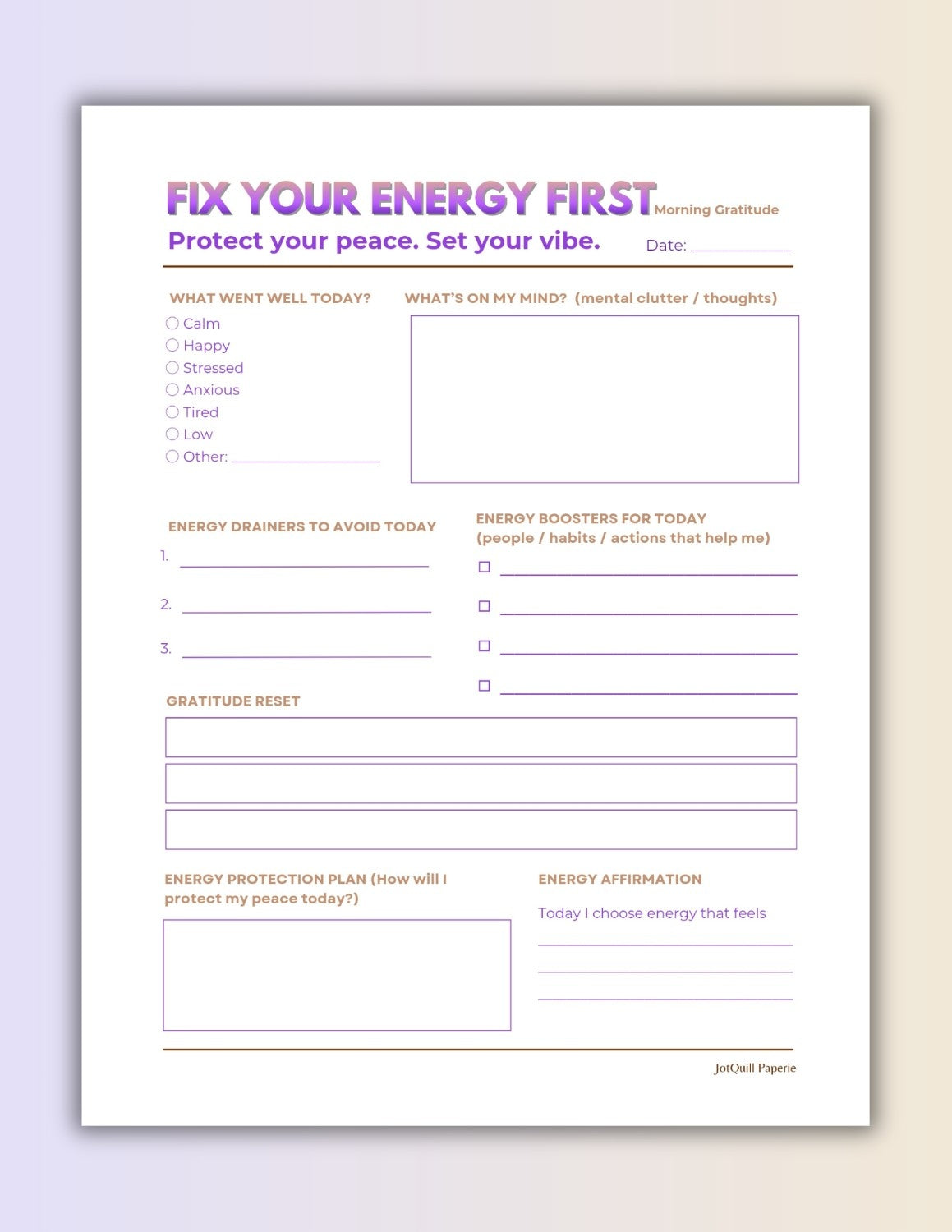 Fix Your Energy First Morning Gratitude Energy Audit Night Reflection Printable