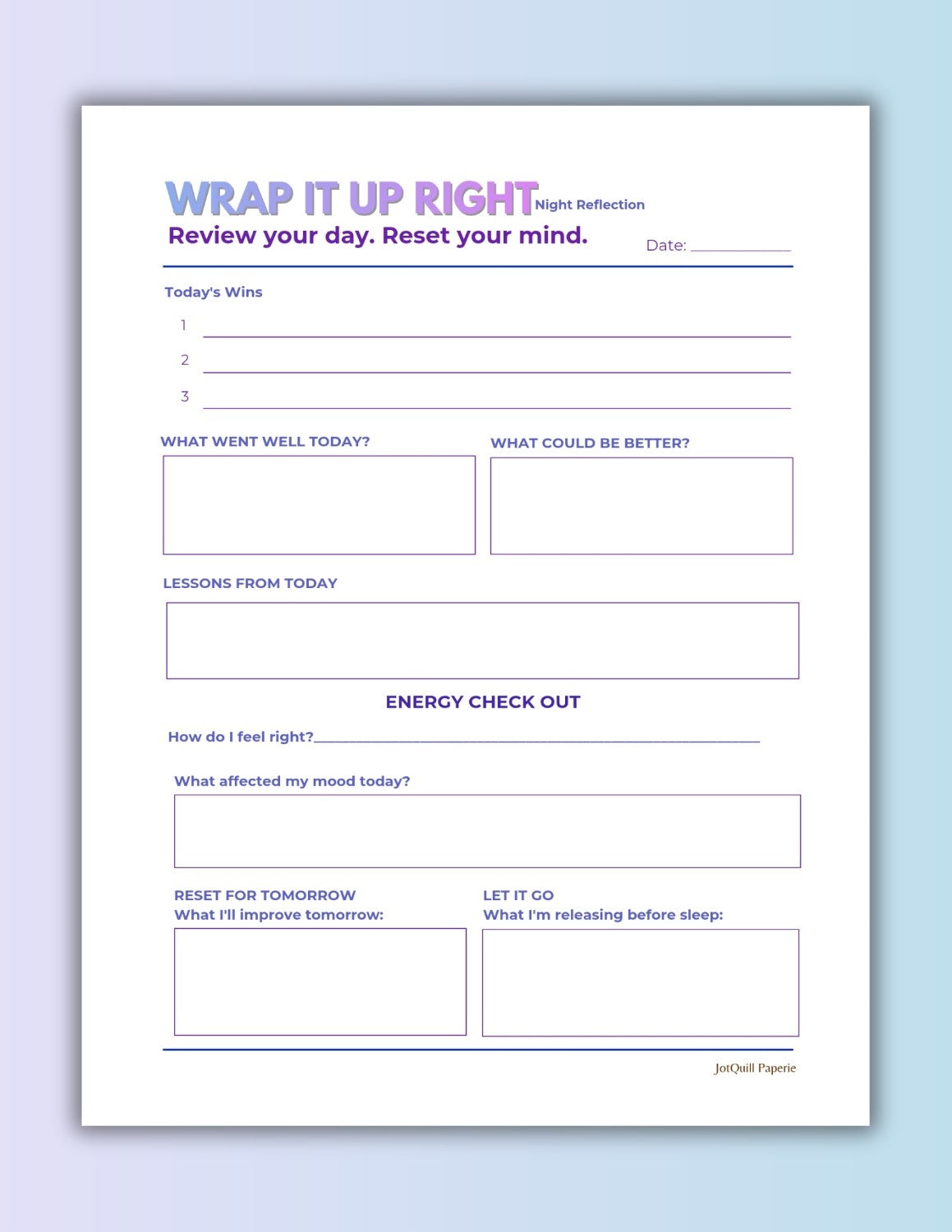 Start Fresh No Stress gratitude and Wrap it Up Right Night Reflection Printable