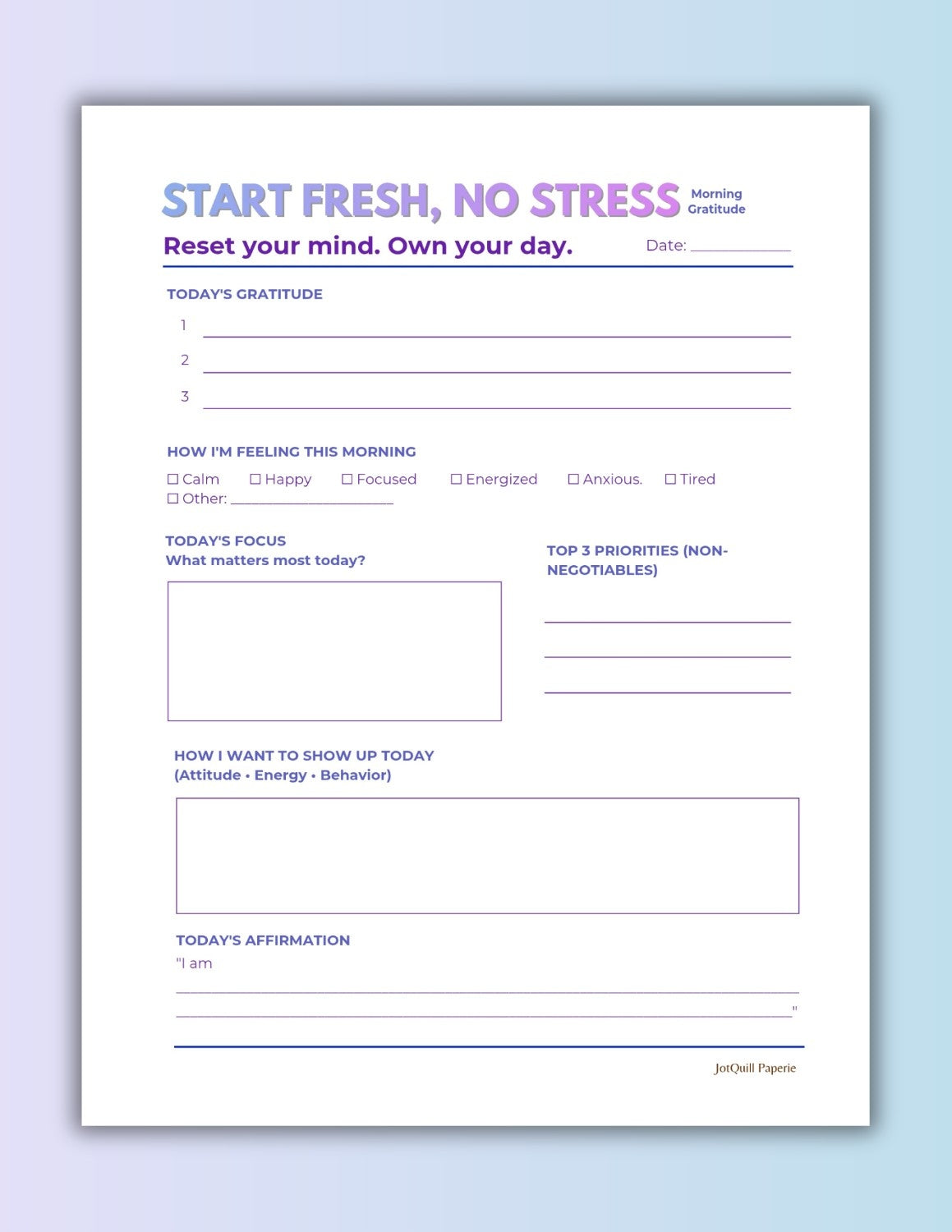 Start Fresh No Stress gratitude and Wrap it Up Right Night Reflection Printable