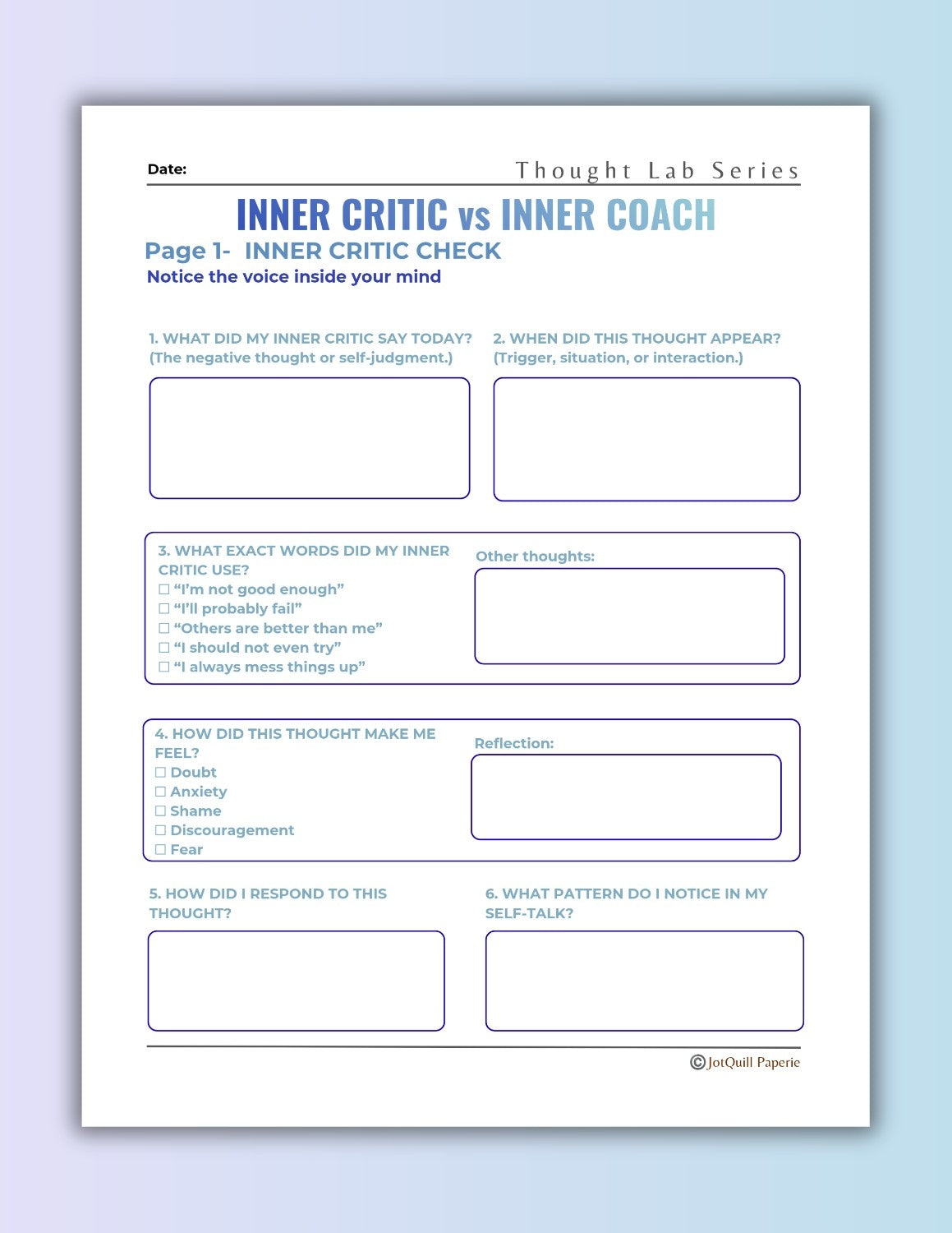 Inner Critic vs Inner Coach Workbook | Stop Negative Thoughts & Build Self-Confidence