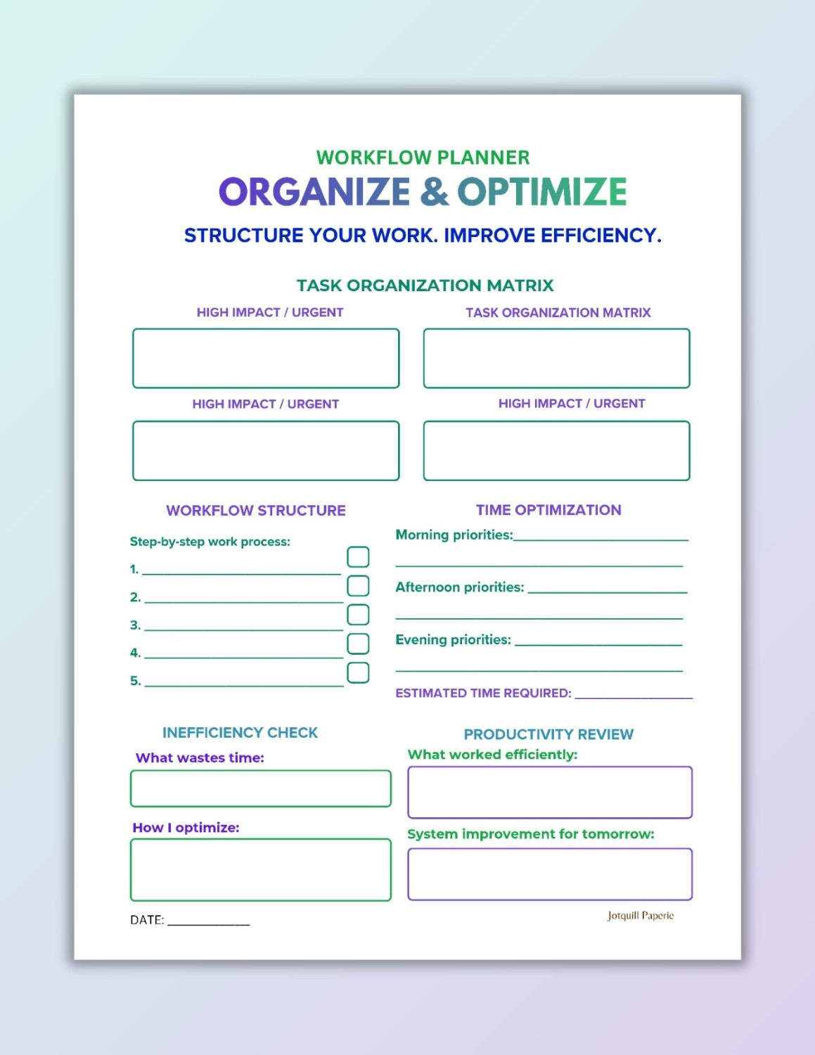 Printable Workflow Planner | Task Organization Matrix & Efficiency Tracker