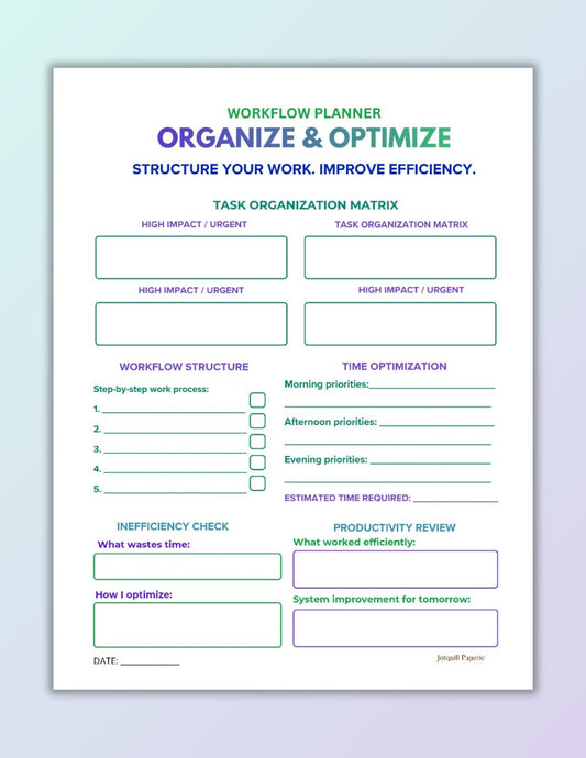Printable Workflow Planner | Task Organization Matrix & Efficiency Tracker