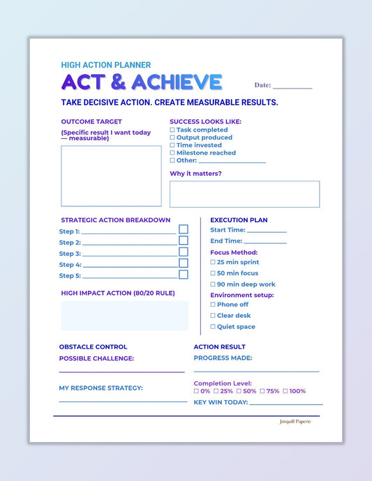 High Action Planner Printable | Execution & Goal Achievement Page