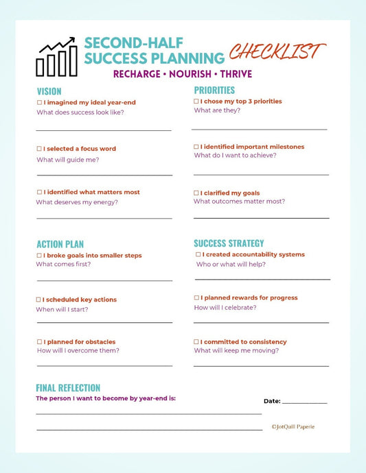 Second Half Success Planning Checklist Printable | Mid Year Reset Worksheet | Goal Planning PDF | Life Audit Printable