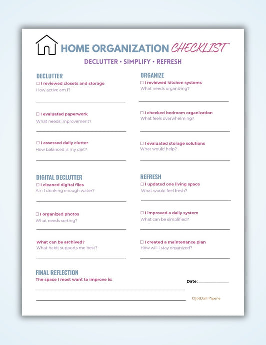 Home Organization Checklist Printable | Decluttering Worksheet | Home Reset Planner | Organizing Checklist PDF