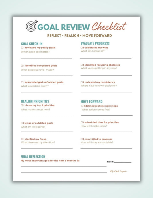 Goal Review Checklist Printable | Goal Reflection Worksheet | Progress Tracker | Goal Setting Planner PDF