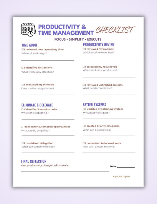 Productivity & Time Management Checklist Printable | Time Audit Worksheet | Focus Planner | Goal Setting & Productivity Review PDF