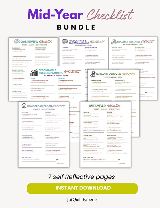 Mid-Year Checklist Bundle Printable PDF | 7 Self-Reflection Worksheets | Goal Review, Productivity, Wellness & Financial Planning