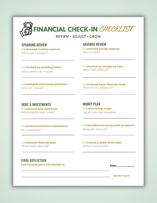 Financial Check-In Checklist Printable | Budget Review Worksheet | Savings Tracker | Personal Finance Planner PDF