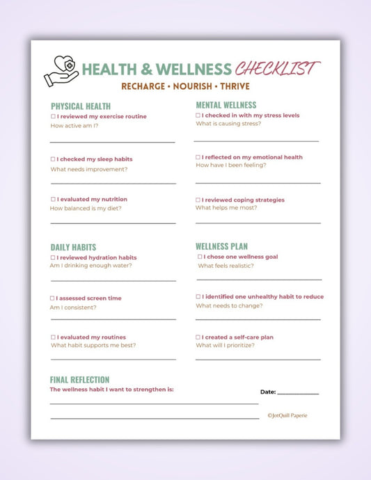 Health & Wellness Checklist Printable | Wellness Tracker | Self Care Worksheet | Healthy Habits Planner PDF
